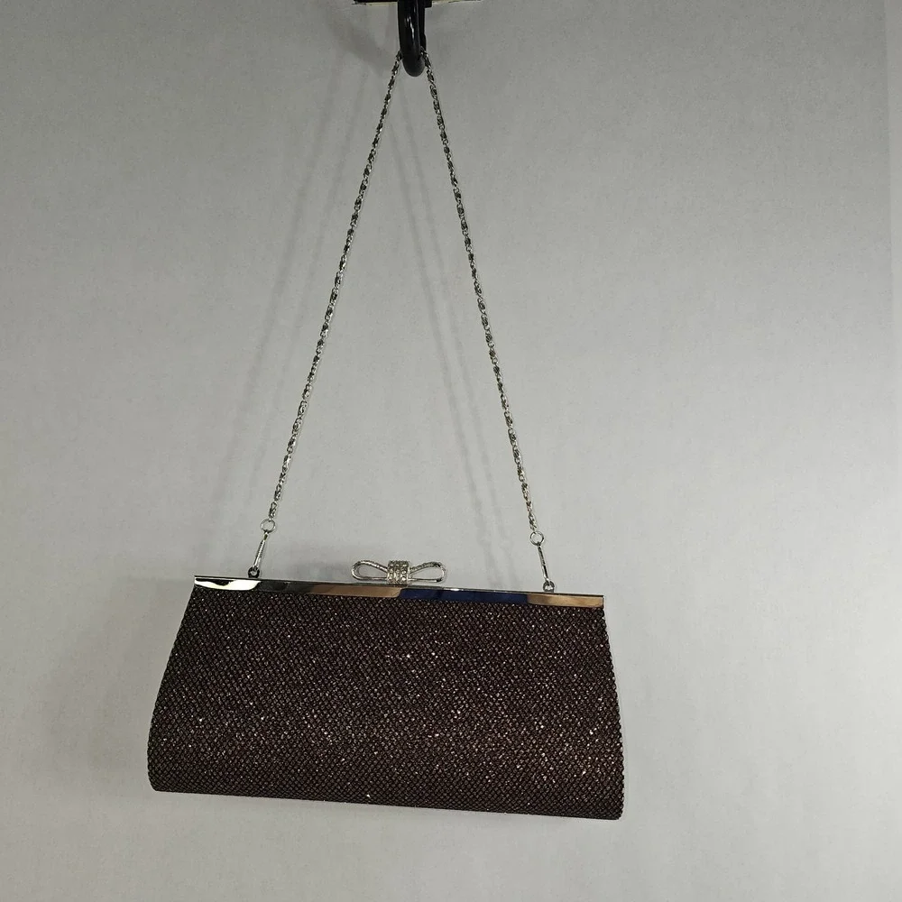 EUC  D'Margeaux New York Sparkly Coffee/Bronze Evening Clutch Silver Chain Bag